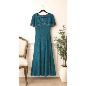 Vintage Nu Mode Jade Green Lace Maxi Dress Sz M‎ Modest Prom Mother Bride Demure